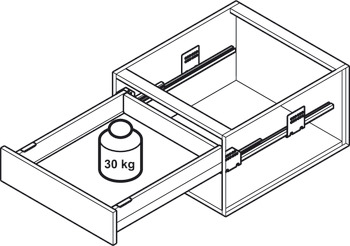 Sistema de corrediças com laterais de gaveta, Häfele Matrix Box Slim A, altura da lateral de gaveta 89 mm, capacidade de carga 30 kg, com mecanismos de fecho automático e de fecho suave