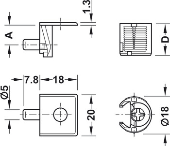 Conector de armário, Tab 18, com elemento de aperto