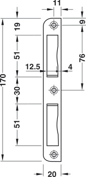 Contrachapa angular, para portas rebatíveis, redondo/quadrado, 170 mm