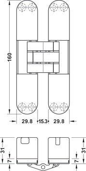 Dobradiça de porta, invisível, para portas interiores faceadas até 80/100 kg