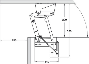 Ferragem elevatória para tampo de mesa, Häfele Tavoflex, com mecanismo de amortecimento integrado