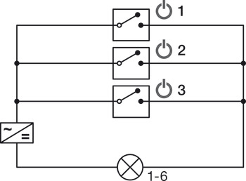 Distribuidor, Häfele Loox5, 6 vias, com função de comutação, com 3 interruptores