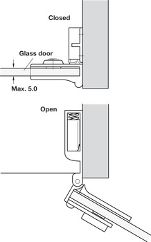 Dobradiça para porta de vidro, posição central, ângulo de abertura de 170°, montagem embutida